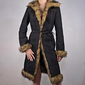 Y2K Denim Penny Lane Coat Faux Fur Trim Express Trench Belt Long Size 1/2
